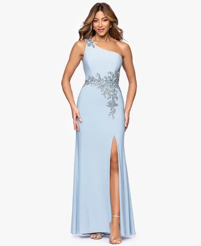 Xscape Petite One-shoulder Applique Ball Gown In Blue