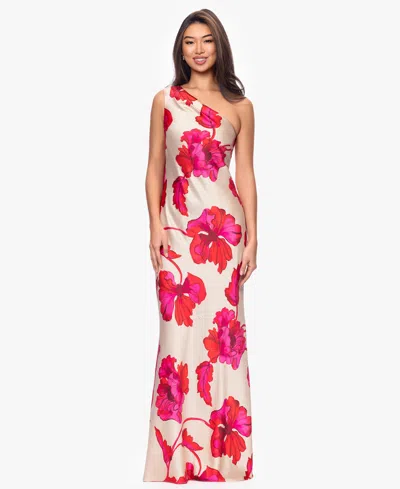 Xscape Petite One-shoulder Printed Gown In Pink