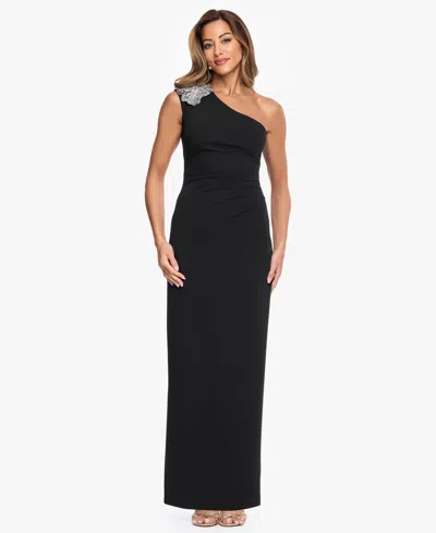 Xscape Petite One-shoulder Scuba Crop Trim Sheath Gown In Black