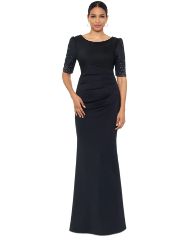 Xscape Petite Pleated-waist Puffed-shoulder Gown In Black