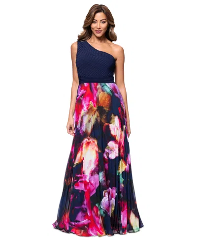 Xscape Petite Printed One-shoulder Gown In Navy,fucshia