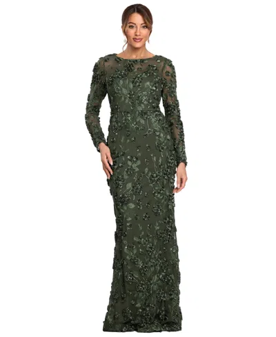 Xscape Petite Raised Flower Crewneck Long Gown Dress In Olive
