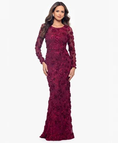 Xscape Petite Raised Flower Crewneck Long Gown Dress In Purple