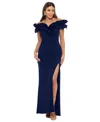 Xscape Women's Ruffled Off-the-shoulder Side-slit Gown In Navy