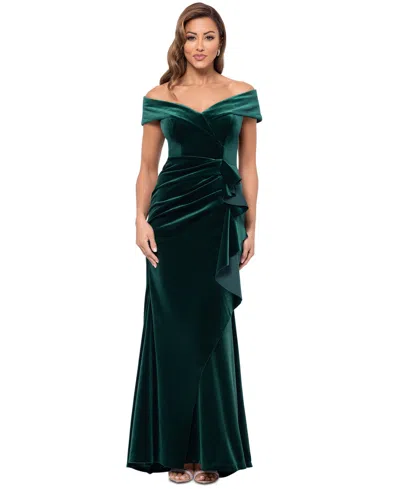 Xscape Petite Ruffled Off-the-shoulder Velvet Gown In Hunter