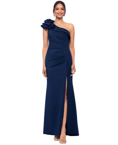 Xscape Petite Ruffled One-shoulder Side-slit Gown In Midnight