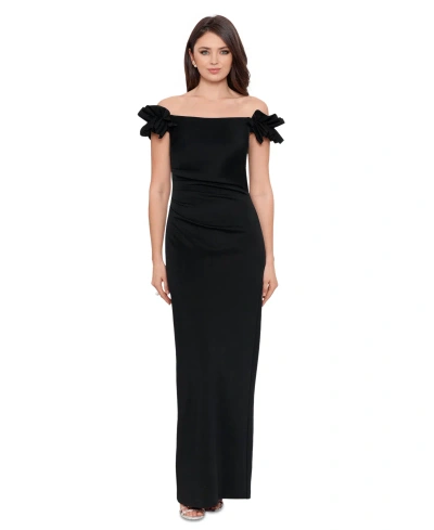 Xscape Petite Ruffled Ruched Off-the-shoulder Gown In Black