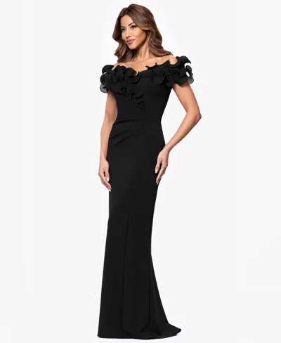 Xscape Petite Ruffled Sweetheart-neck Fit & Flare Gown In Black