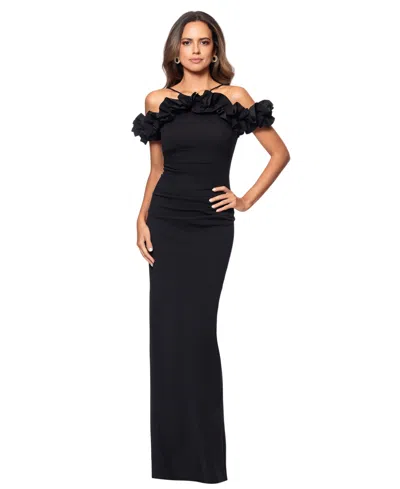 Xscape Petite Scuba Crepe Ruffle Halter Sheath Gown In Black