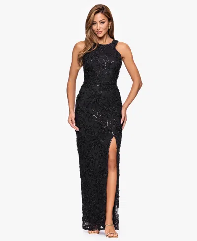 Xscape Petite Sequin Detail Halter Neck Long Dress In Black