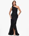 Xscape Petite Sequin Embroidery One-shoulder High-low Gown In Black