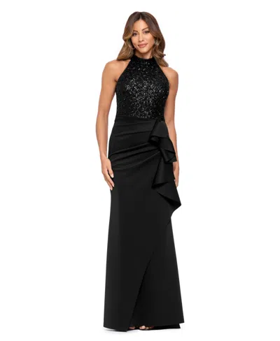 Xscape Petite Sequin Mock-neck Ruffle Maude Gown In Black