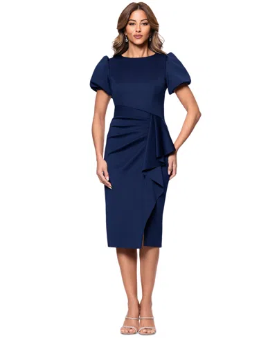 Xscape Petite Short-sleeve Boat-neck Scuba Draped Dress In Midnight