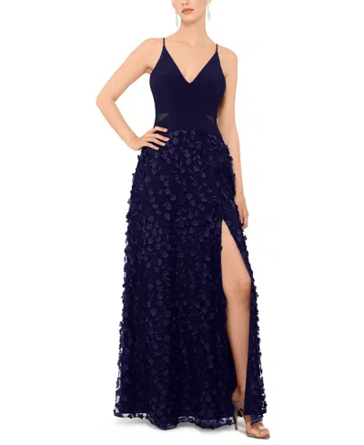 Xscape Petite Sleeveless Floral-textured Gown In Navy