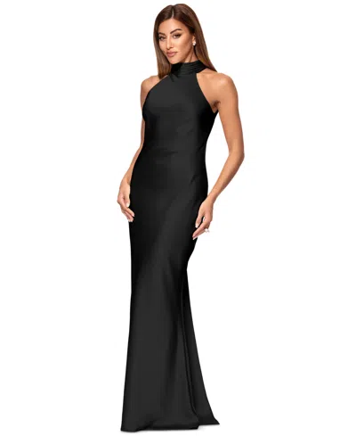 Xscape Petite Sleeveless Tie-neck Long Gown In Black