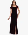 Xscape Petite Stretch Cap Sleeve Long Dress In Burgundy