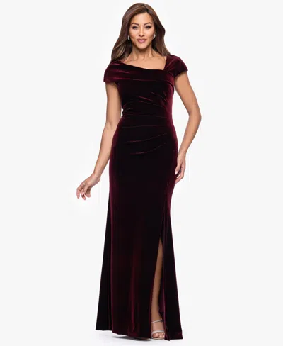 Xscape Petite Stretch Cap Sleeve Long Dress In Burgundy