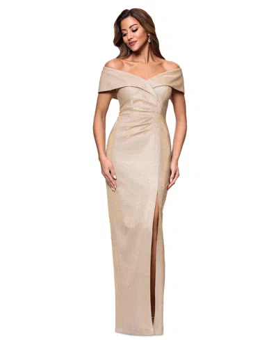 Xscape Petite Sweetheart-neck Front-slit Glitter Gown In Gold,slvr
