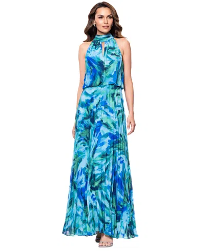 Xscape Petite Tie-back Long Pleated Chiffon Dress In Blue