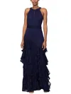 Xscape Ruffle Metallic Gown In Blue