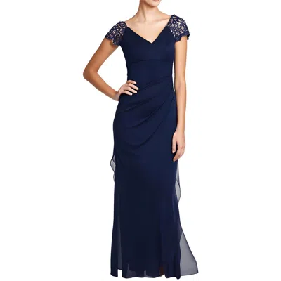 Xscape Petites Womens Lace Shoulder V Neck Maxi Dress In Blue
