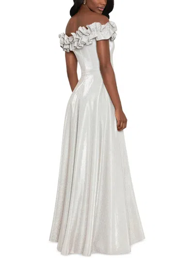 Xscape Petites Womens Metallic Ruffled Evening Dress In White