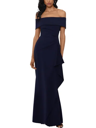 Xscape Petites Womens Off-the-shoulder Gathered Evening Dress In Blue