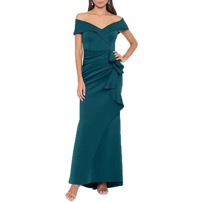Xscape Petites Womens Off-the-shoulder Long Evening Dress In Hunter