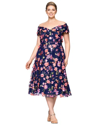 Xscape Plus Size 3d-floral Embroidered Off-the-shoulder Dress In Navy,coral