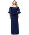 Xscape Plus Size 3d Floral-sleeve Off-the-shoulder Dress In Navy