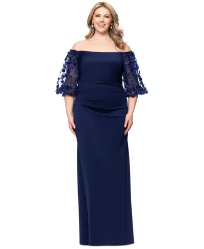 Xscape Plus Size 3d Floral-sleeve Off-the-shoulder Dress In Navy