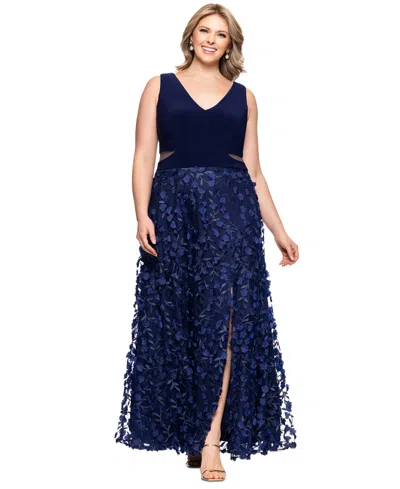 Xscape Plus Size 3d-flower-skirt Gown In Navy