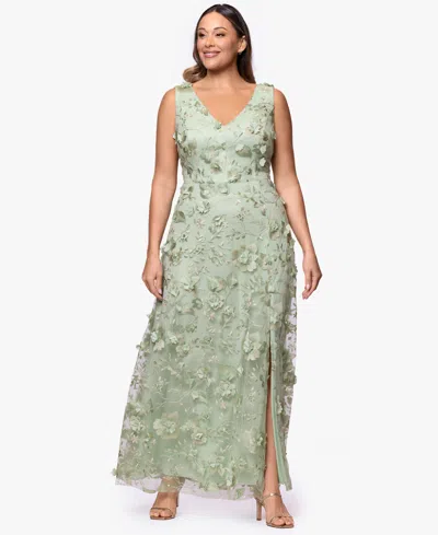Xscape Plus Size A-line Raised Flower V-neck Ball Gown In Green