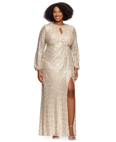 Xscape Plus Size Allover-sequin Keyhole Long-sleeve Gown In Gold Silver