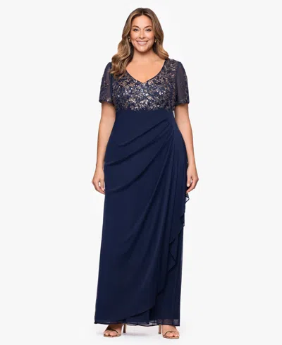 Xscape Plus Size Applique Short Sleeves Sheath Dress In Blue