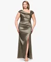 Xscape Plus Size Asymmetrical-neckline Long Sheath Dress In Green
