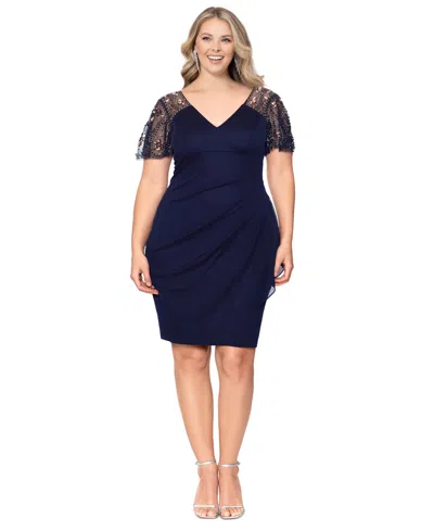 Xscape Plus Size Beaded Flutter-sleeve Dress In Navy