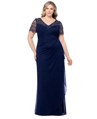 Xscape Plus Size Beaded Illusion-sleeve V-neck Gown In Navy
