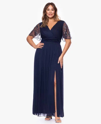 Xscape Plus Size Beaded Sleeve Slit Gown In Blue