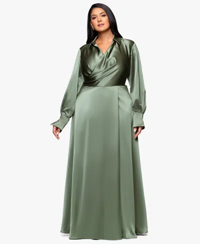 Xscape Plus Size Collared A-line Maxi Gown In Green