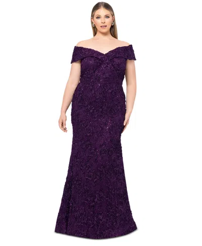 Xscape Off The Shoulder Embroidered Lace Dress In Mulberry