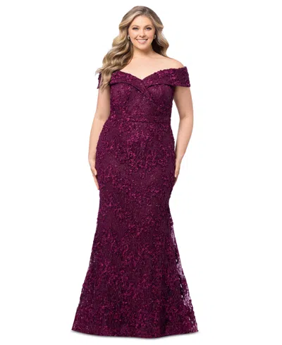 Xscape Plus Size Embellished Lace Off-the-shoulder Gown In Wine