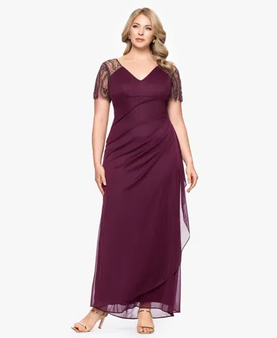 Xscape Plus Size Embellished Sheer Matte Jersey Gown In Burgundy