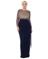 Xscape Plus Size Embroidered Illusion Gown In Navy,gold