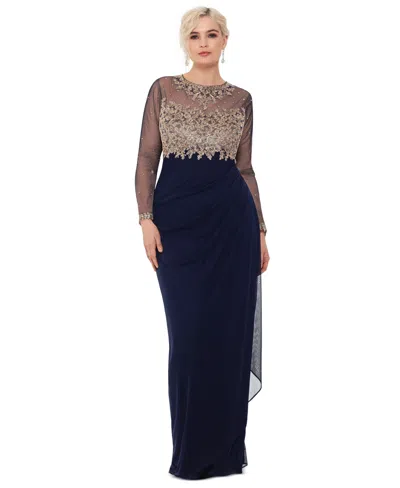 Xscape Plus Size Embroidered Illusion Gown In Navy,gold