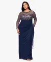Xscape Plus Size Embroidered Long Sleeves Dress In Blue