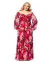 Xscape Plus Size Floral Off-the-shoulder Pleated Gown In Red,olive
