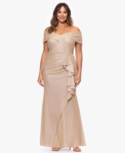 Xscape Plus Size Foil Knit Off-the-shoulder Ruffle Gown In Brown