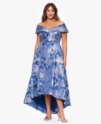Xscape Plus Size High-low Off-the-shoulder Gown In Blue