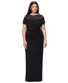 Xscape Plus Size Illusion Boat-neck Short-sleeve Gown In Black